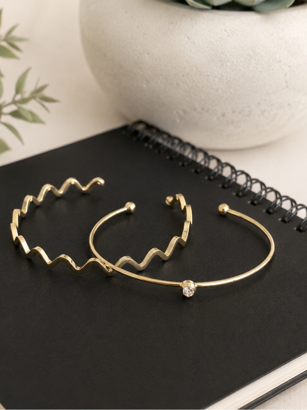 Gold-Tone Minimalist Cuff Bracelet Set – 2 Pieces